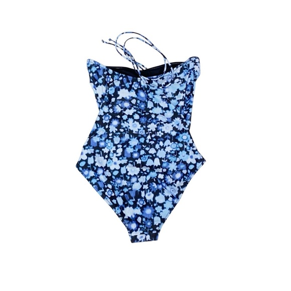 Ganni Ruched Floral-Print Halterneck Swimsuit In Blue - Picture 3 of 6